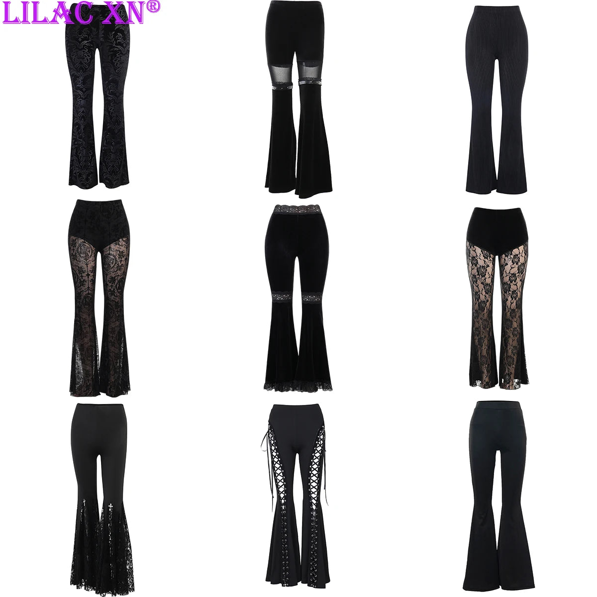 Y2K Gothic Black Lace Mesh Flared Pants Harajuku Aesthetic See Through Casual Wide Pants Y2K Gothic Black Lace Mesh Flared Pants Harajuku Aesthetic See Through Casual Wide Pants