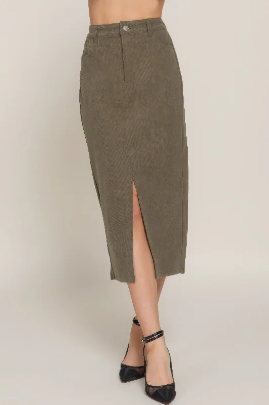 Front Open Slit Corduroy Midi Skirt casual skirt length