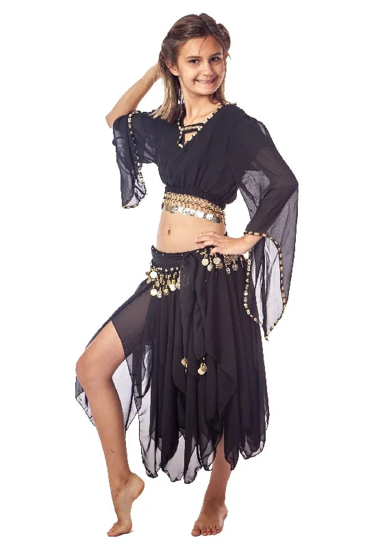 Belly Dance Child Coin Top with Long Skirt & Hip Scarf | JUST DREAMING breathable skirt fabric