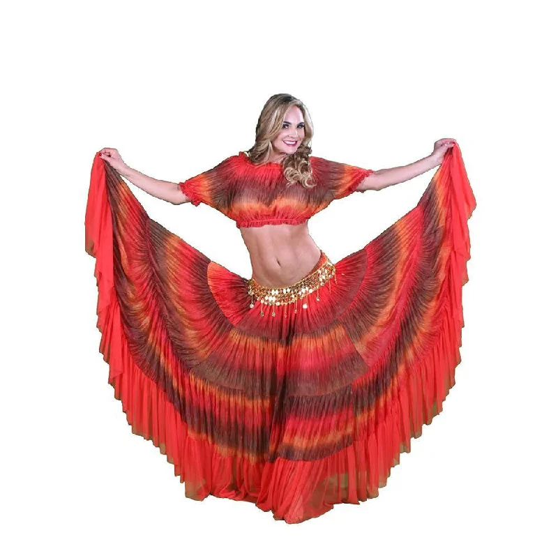 Belly Dance Orange Patterned Skirt, Top, & Belt Costume Set | NIGELLA SONG ruffled skirt detail