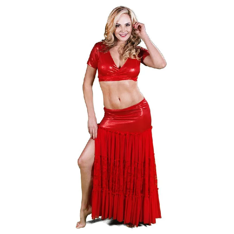 Belly Dance Red Skirt, Top, & Hip Scarf Costume Set | SIZZLIN HOT RAQS elastic waist skirt