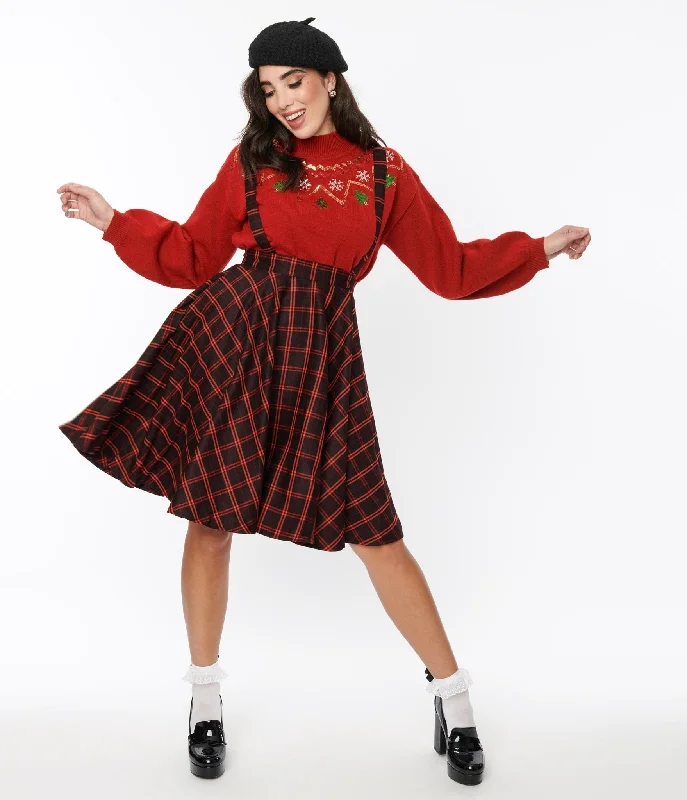 Black & Orange Windowpane Suspender Swing Skirt zip skirt side