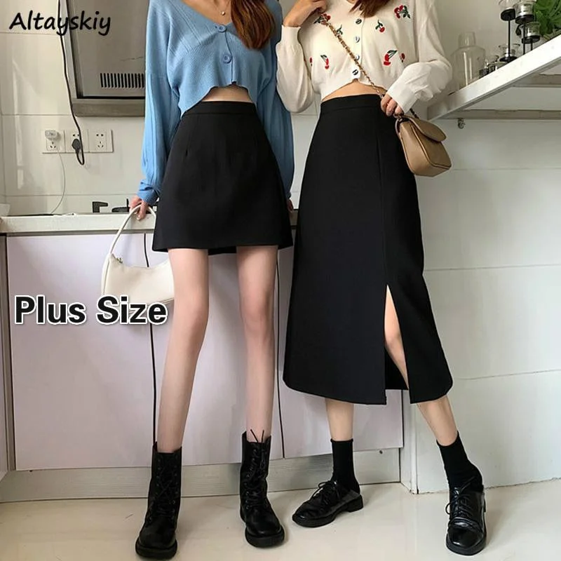 Black Skirts Women Mid-calf College A-line High Waist Korean Style Plus Size Streetwear Chic Female Bottom ribbed skirt waist