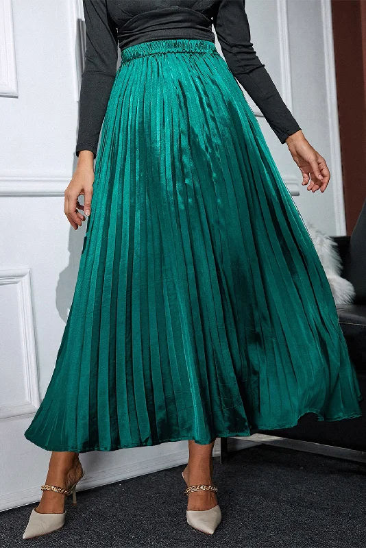 Blackish Green Satin Elastic Waist Pleated Maxi Skirt elastic waist skirt
