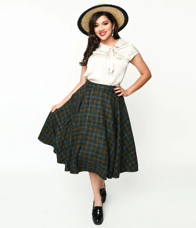 Blue & Green Check Plaid Swing Skirt corduroy skirt durable