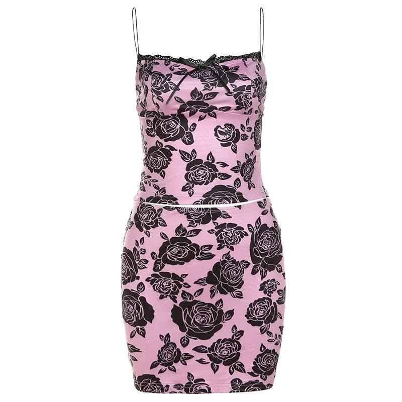 Bowknot rose print lace hem mini skirt set leather skirt refined