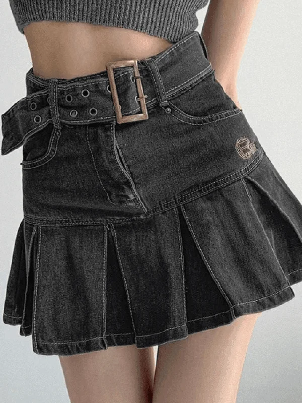 Buckle Belt Pleated Denim Mini Skirt wool skirt warm