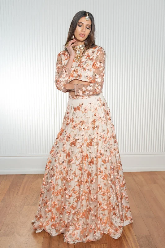DANIYA Peach Floral Lace Lehenga Skirt linen skirt natural