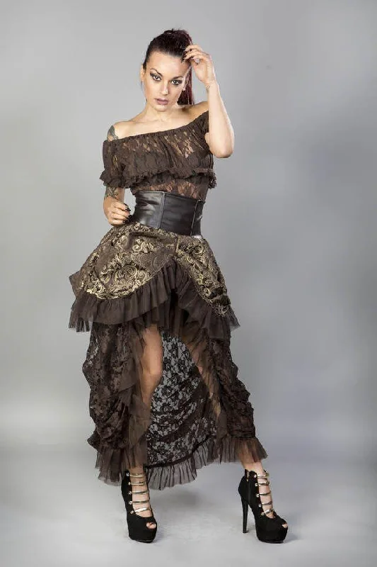 Elvira Long Gothic Victorian Skirt In Brown Gold Scroll And Coffee Matte wrap skirt elegant