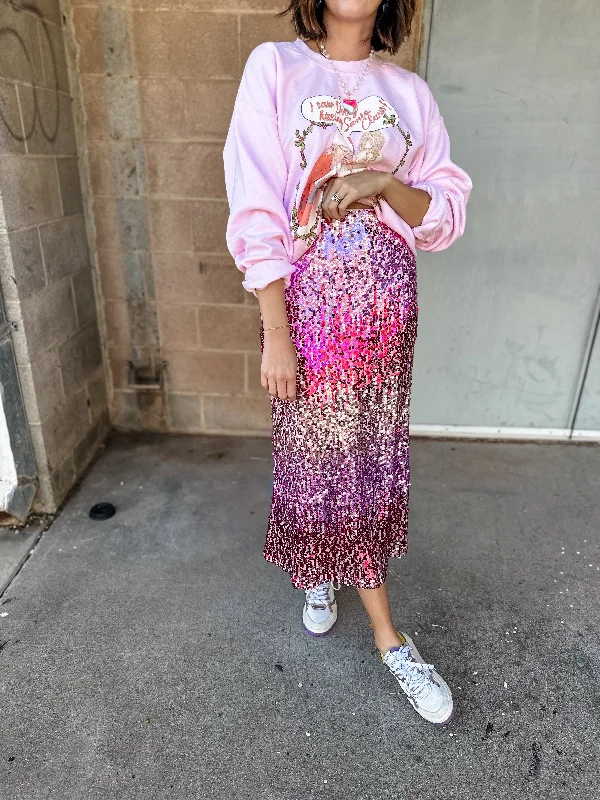 Ombre Sequin Midi Skirt- Fuchsia Combo button skirt front