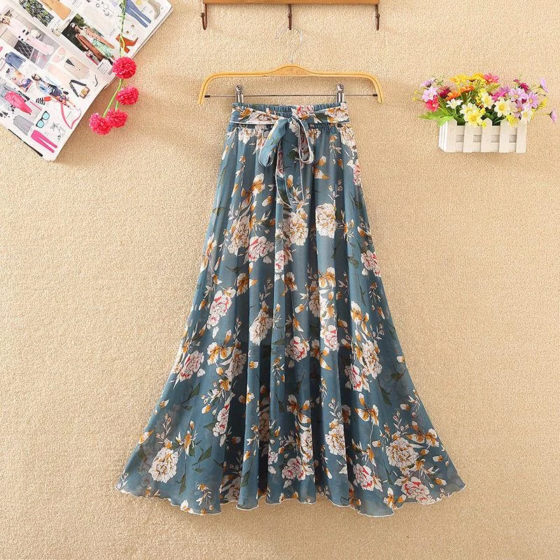 Floral Chiffon Floral Long Skirt Summer High Waist Loose A-line Skirt Half-length Skirt Female Summer Mid-length Skirt Fabric Light and Breathable leather skirt sleek