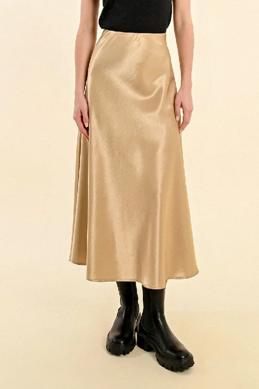 Gold Satin Midi Skirt ruffled skirt detail