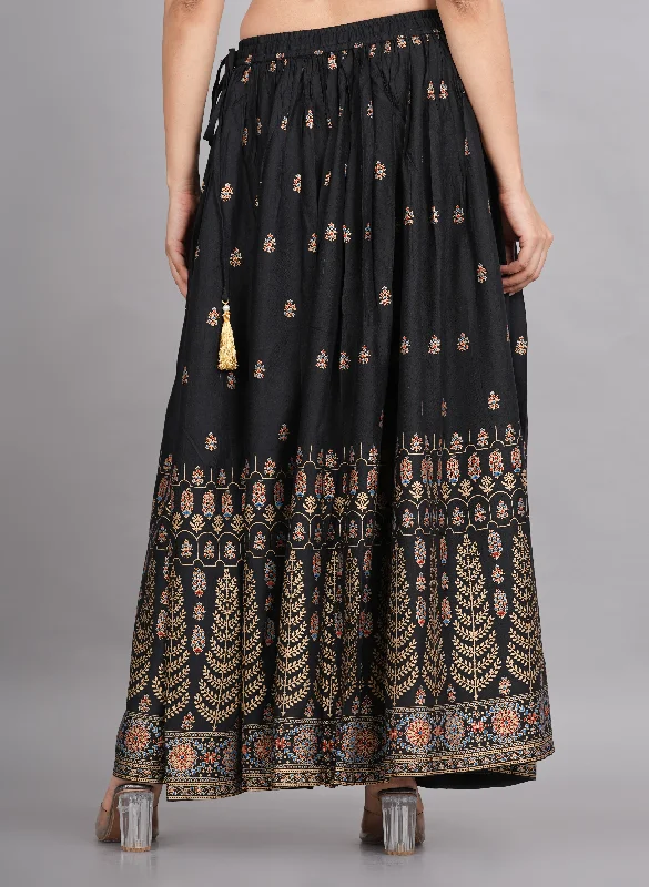 House of RP Women's Black & Golden Rayon Ethnic Printed Circular Skirt breathable skirt fabric