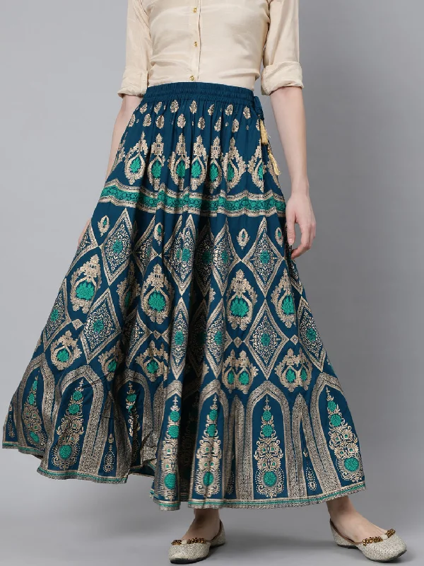 Jaipur Kurti Women Turquoise Blue & Gold-Coloured Printed Maxi-Length Skirt midi skirt versatile