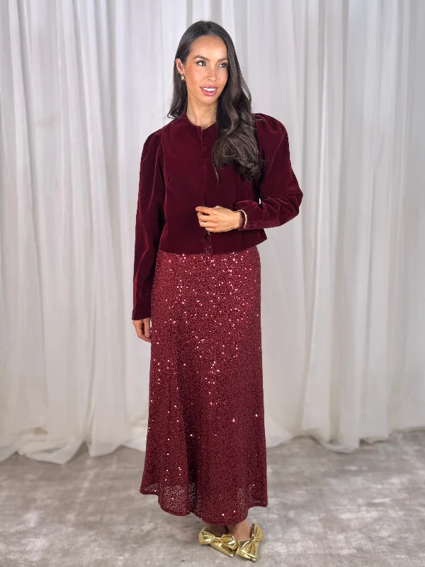 Kendra Sequin Midi Skirt In Bordeaux wool skirt warm