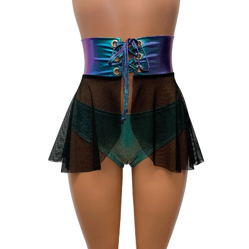 Lace-Up Corset Skirt - Black Mesh w/ Oil Slick Holo tiered skirt playful