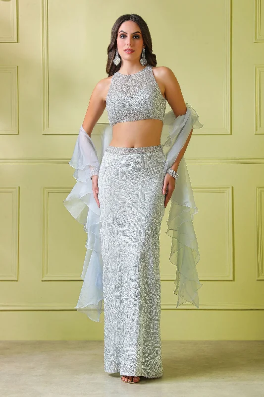 Light grey hand embroidered top with embroidered fishcut skirt floral skirt print
