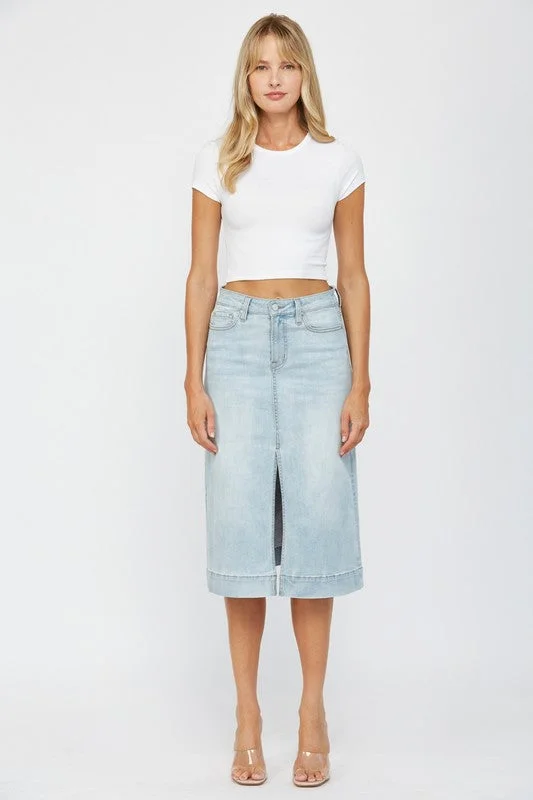 MICA DENIM | HIGH RISE A LINE SKIRT asymmetrical skirt cut