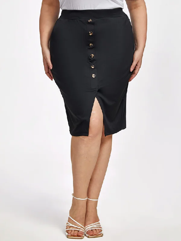 Plus Black Button Front Slit Pocket Elastic Waist Skirt silk skirt luxurious