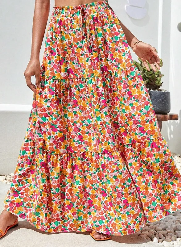 Elle Floral Elastic Waist Maxi Skirt tiered skirt playful