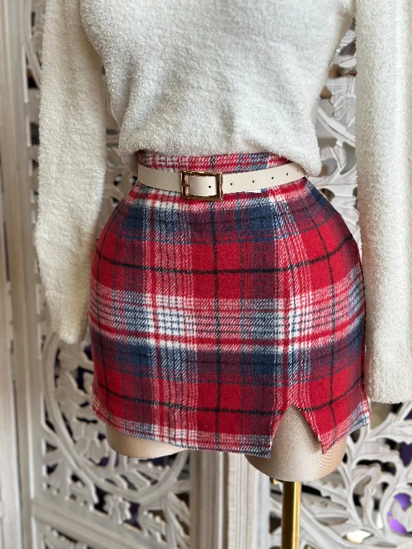Red Plaid Slit Mini Skirt- No Estira, Not Stretchy velvet skirt plush