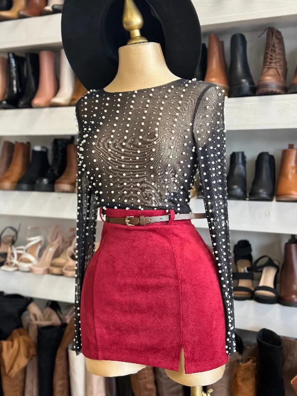 Red Suede Mini Skirt with Belt lace skirt delicate