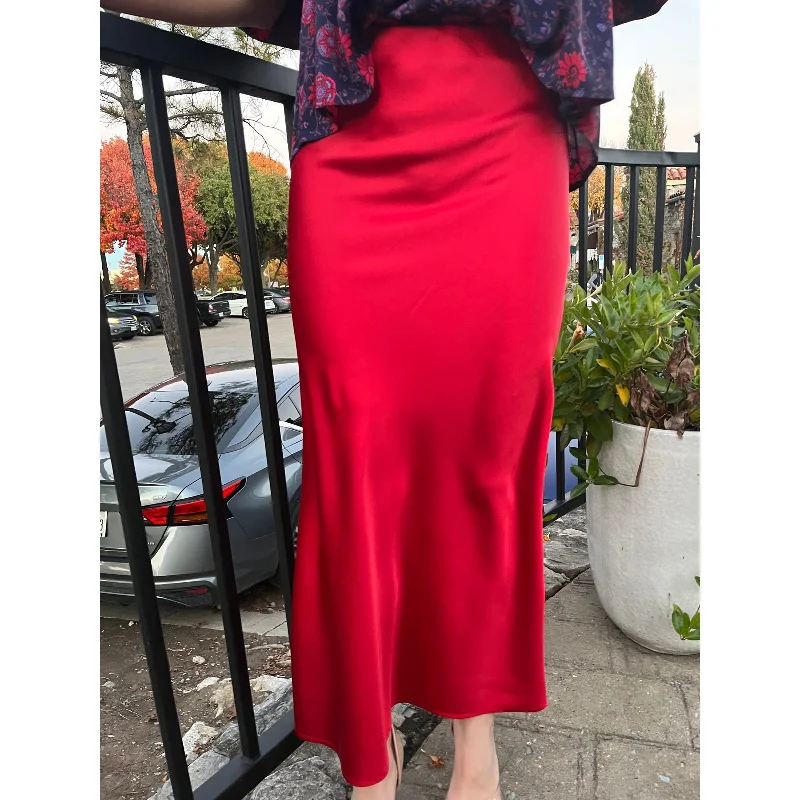 Satin Effect Red Satin Midi Skirt denim skirt casual