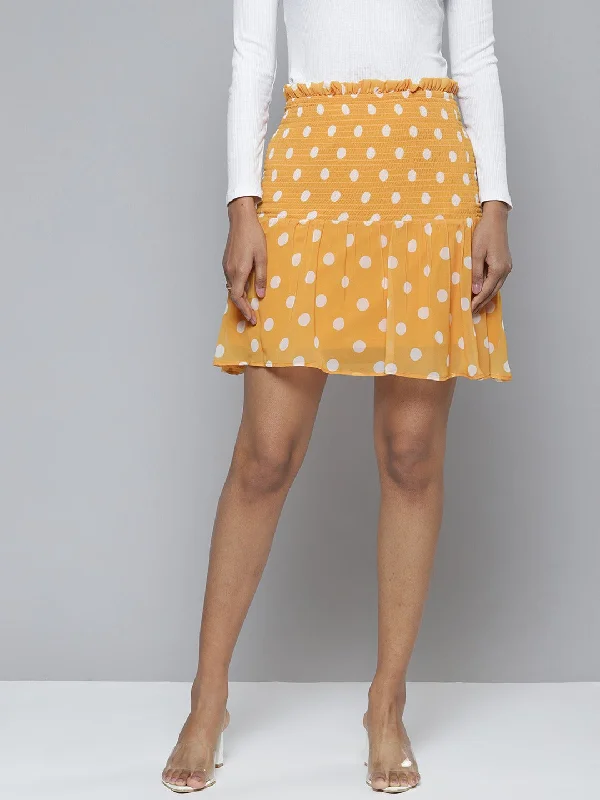 Women Mustard Polka Dot Smocked Waist Mini Skirt velvet skirt plush