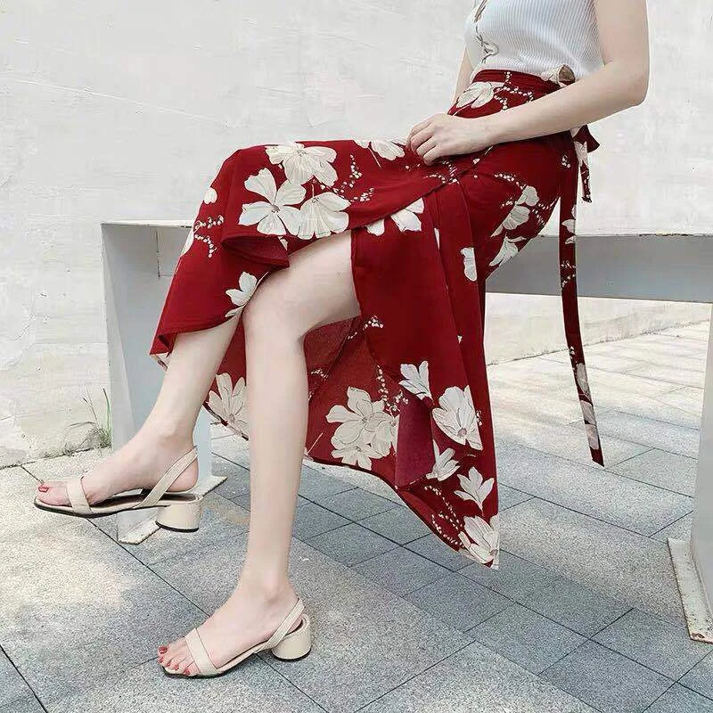Spring and Summer Half-length Skirts Women's Wrap Skirts Cool Floral One-piece Split Sunscreen Beach Skirt Thin Mid-length A-line Skirt Floral Skirt flowy skirt hem