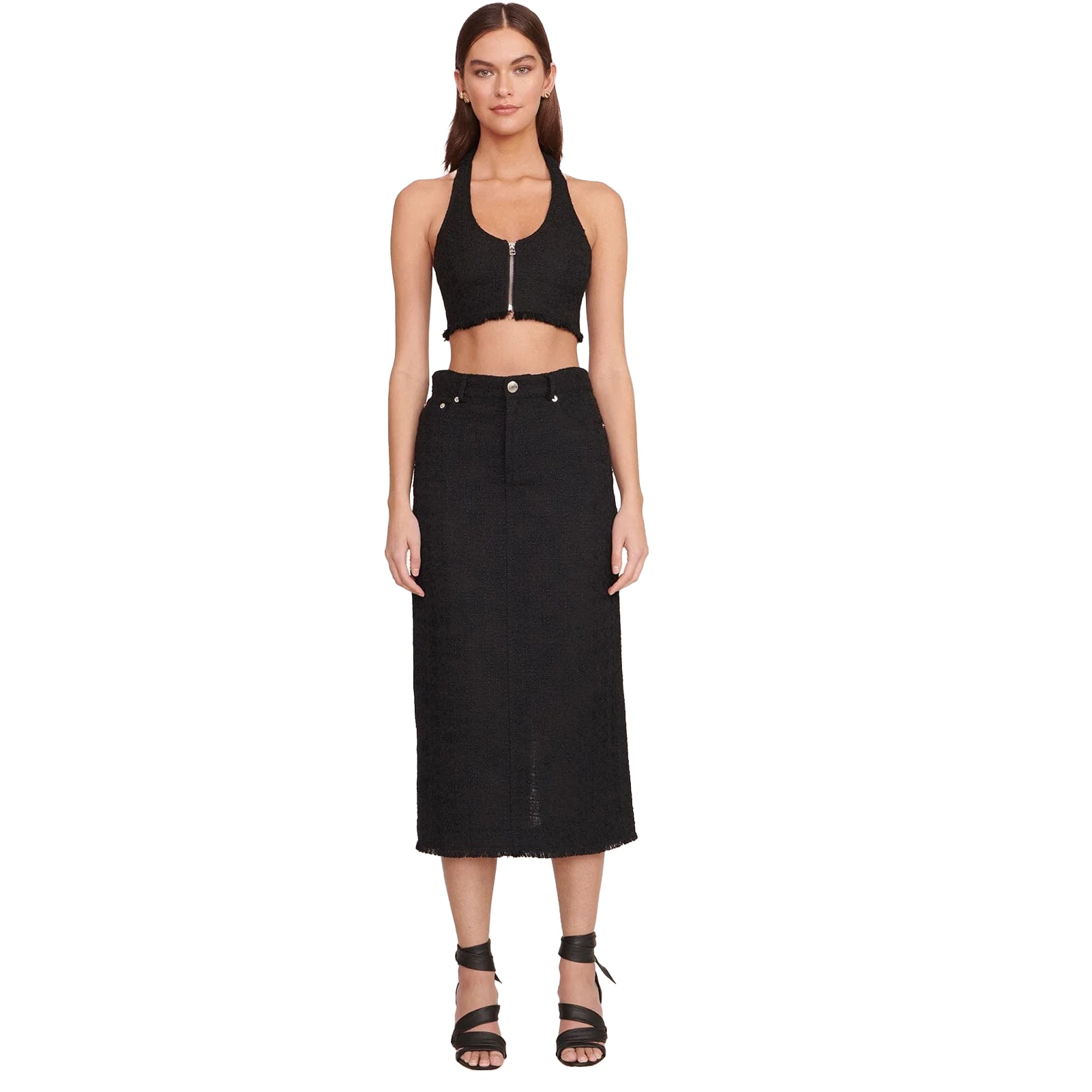 Staud Guinevere Black Tweed Midi Skirt boho skirt vibe