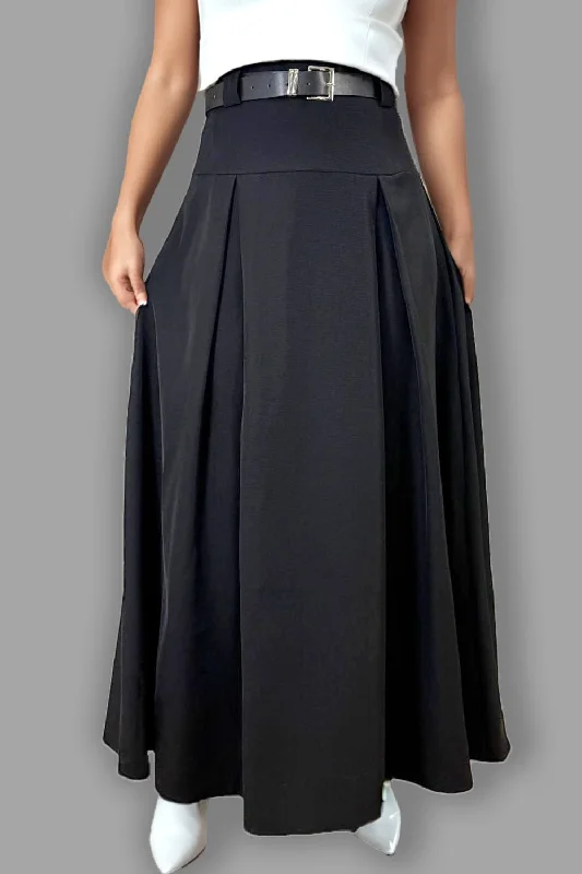 T2569 BLACK MAXI PLEATED SKIRT cashmere skirt plush