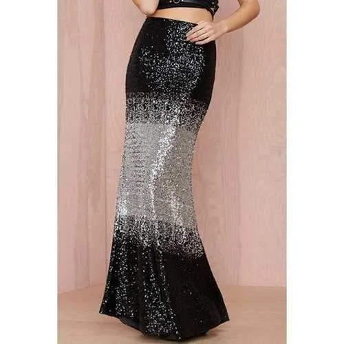 Fashionable Black Silver Splicing Sequins Skirt For Women - Black And Grey S linen skirt natural