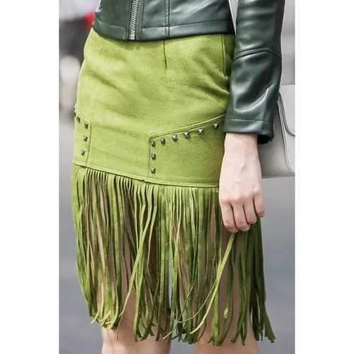 Trendy High-Waisted Packet Buttocks Tassel Spliced Women's Green Suede Skirt - Green L wool skirt warm