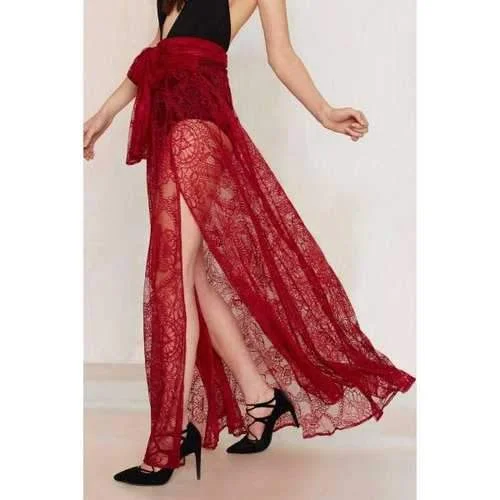 Stylish High Waisted Red Lace See-Through Women's Skirt - Red S leather skirt bold