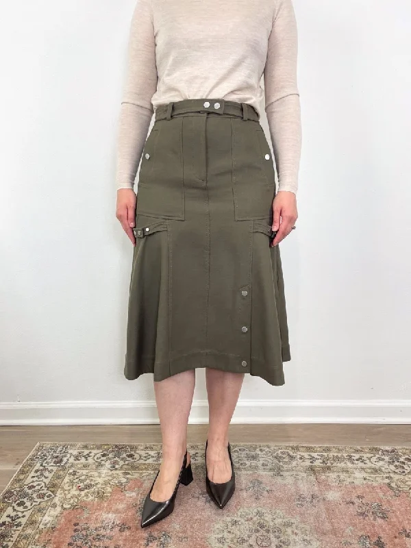 Utility Godet Skirt w/Satin Piping in Army cotton skirt soft