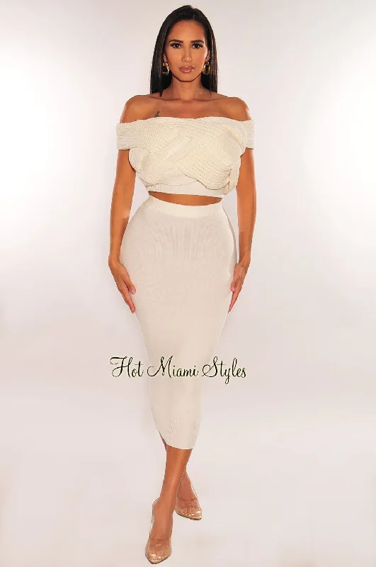 White Cable Knit Off Shoulder Skirt Two Piece Set midi skirt versatile