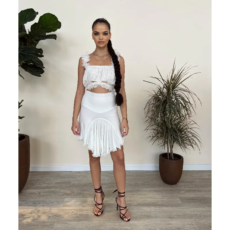 White Modal Jersey Godet Short Skirt with Lace linen skirt natural