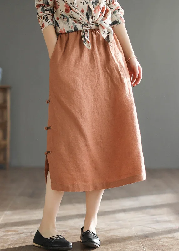 Women Orange Oriental Elastic Waist Pocket Linen A Line Skirts Summer leather skirt modern