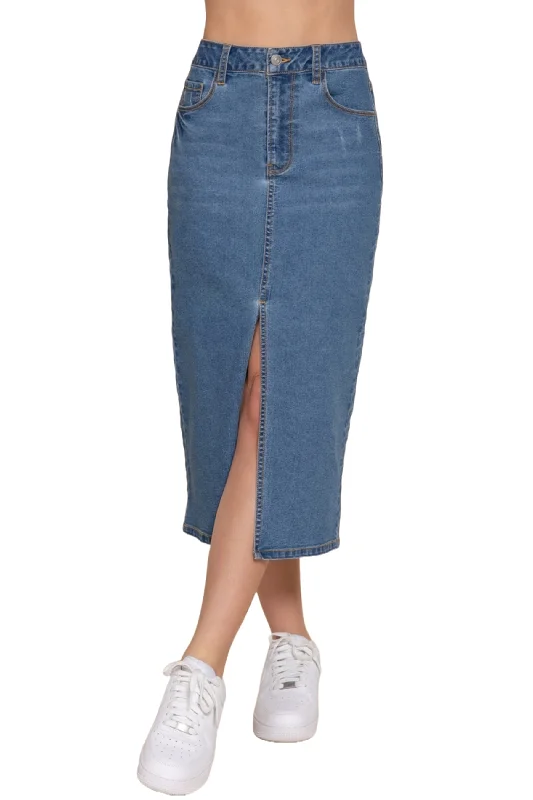 Women's Front Slit Midi Denim Skirt Soft Stretch Fabric Casual Chic floral skirt print